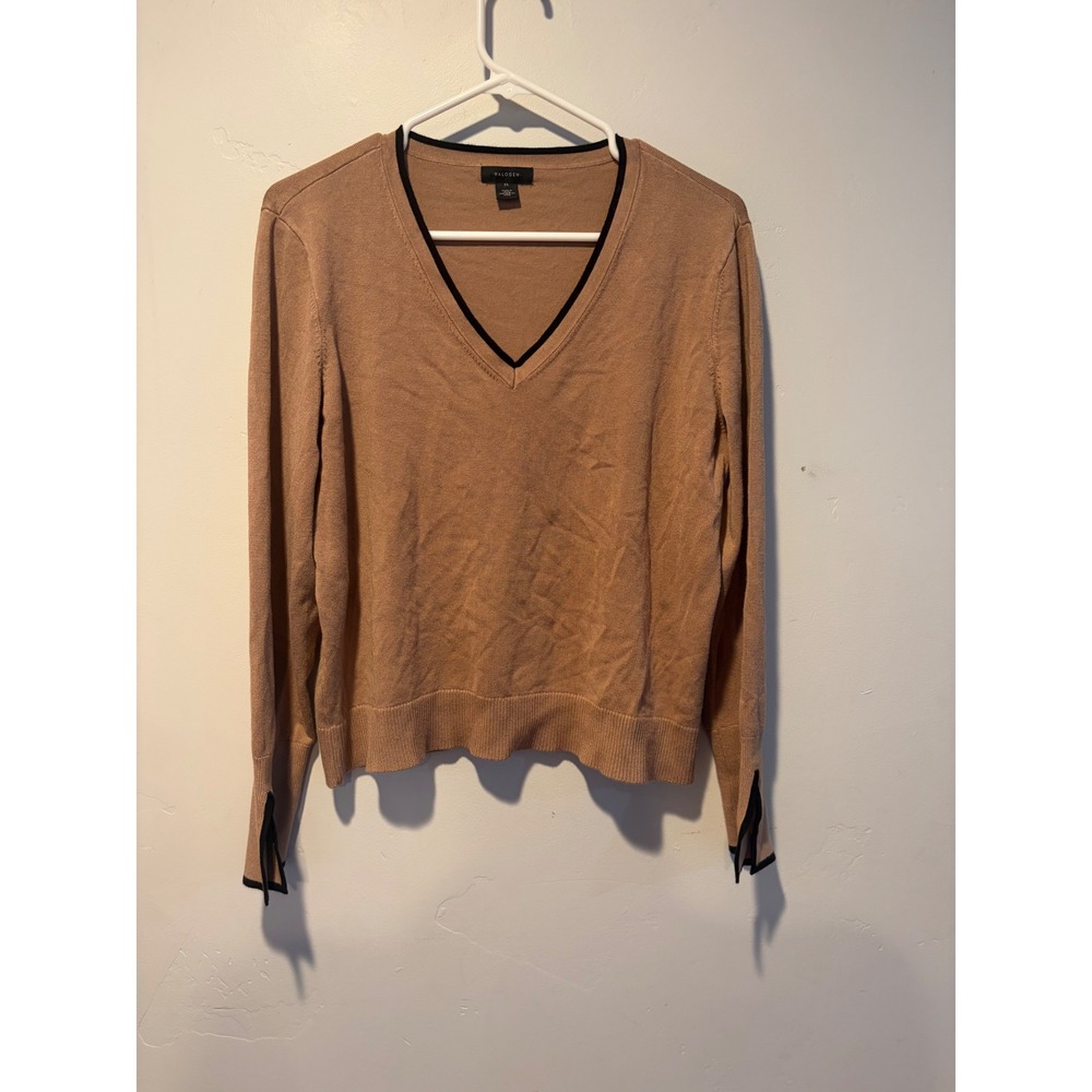 Halogen Womens Tan Camel V-Neck Sweater Black Trim Split Cuff XL